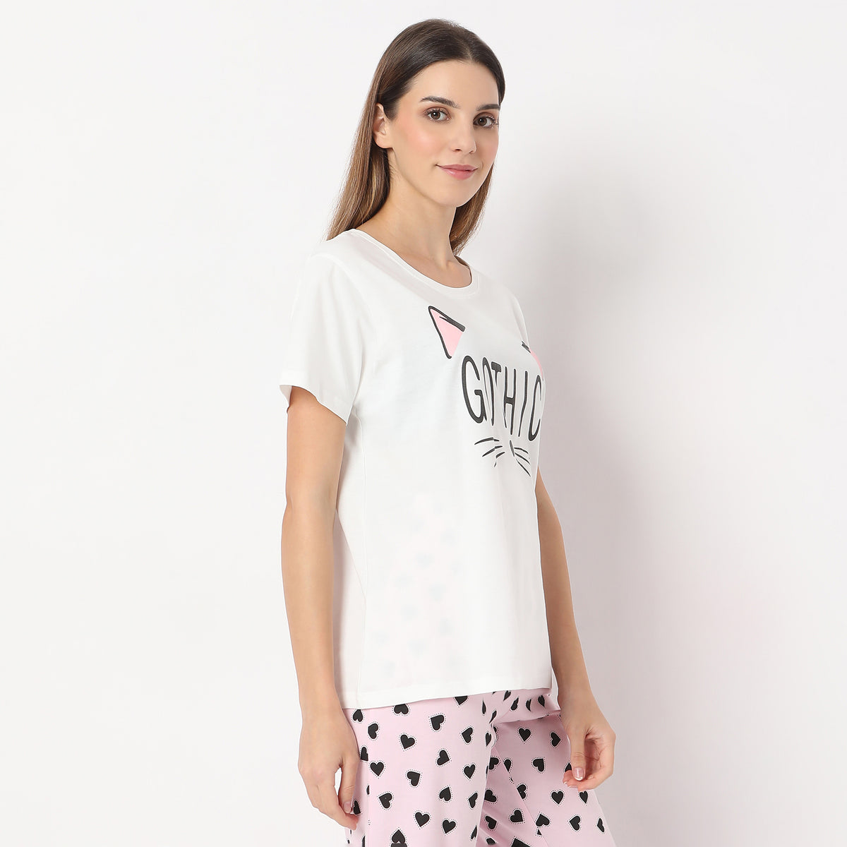 Printed Straight Kitten Short Sleeve T-Shirt