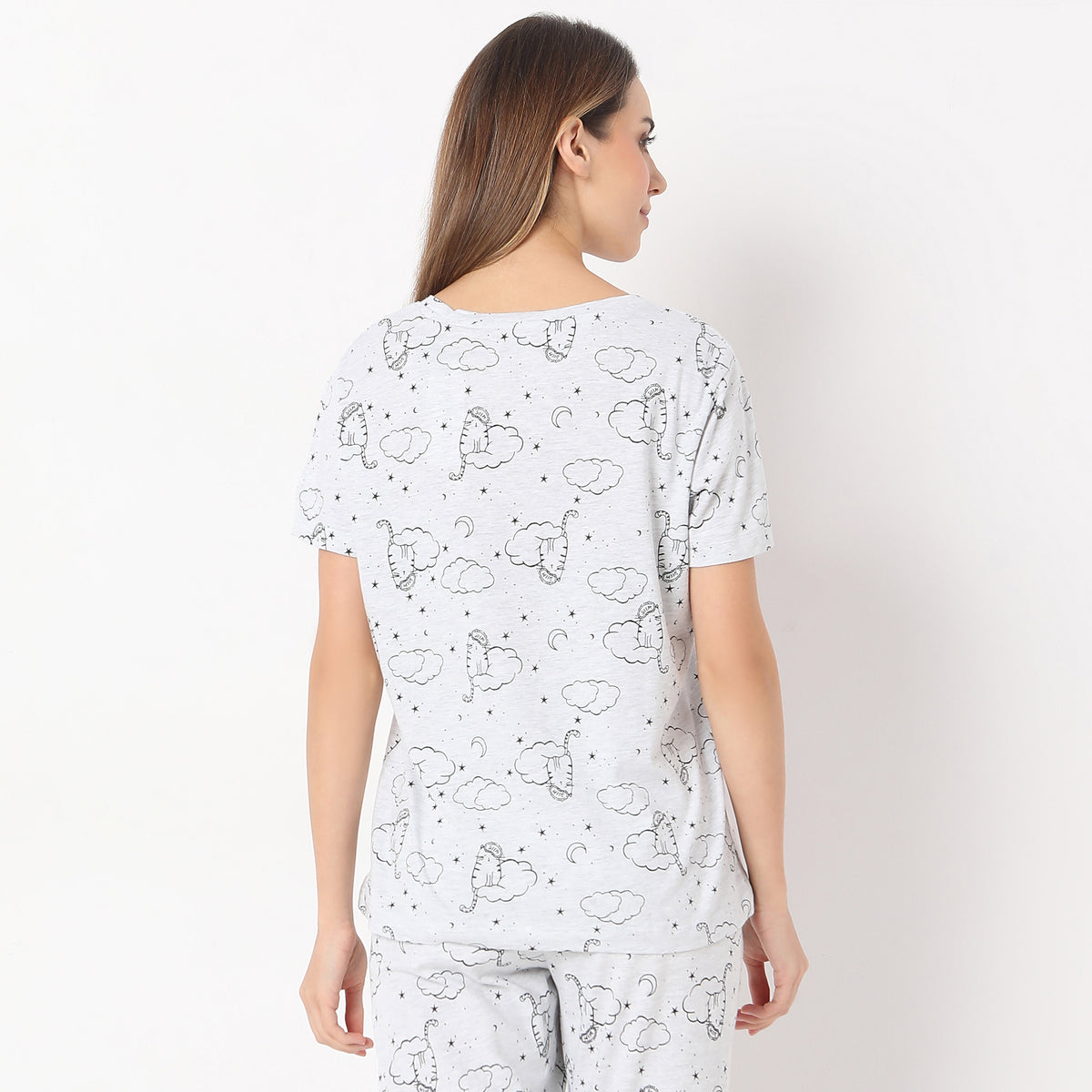 Printed Straight Stars and Moon Short Sleeve T-Shirt