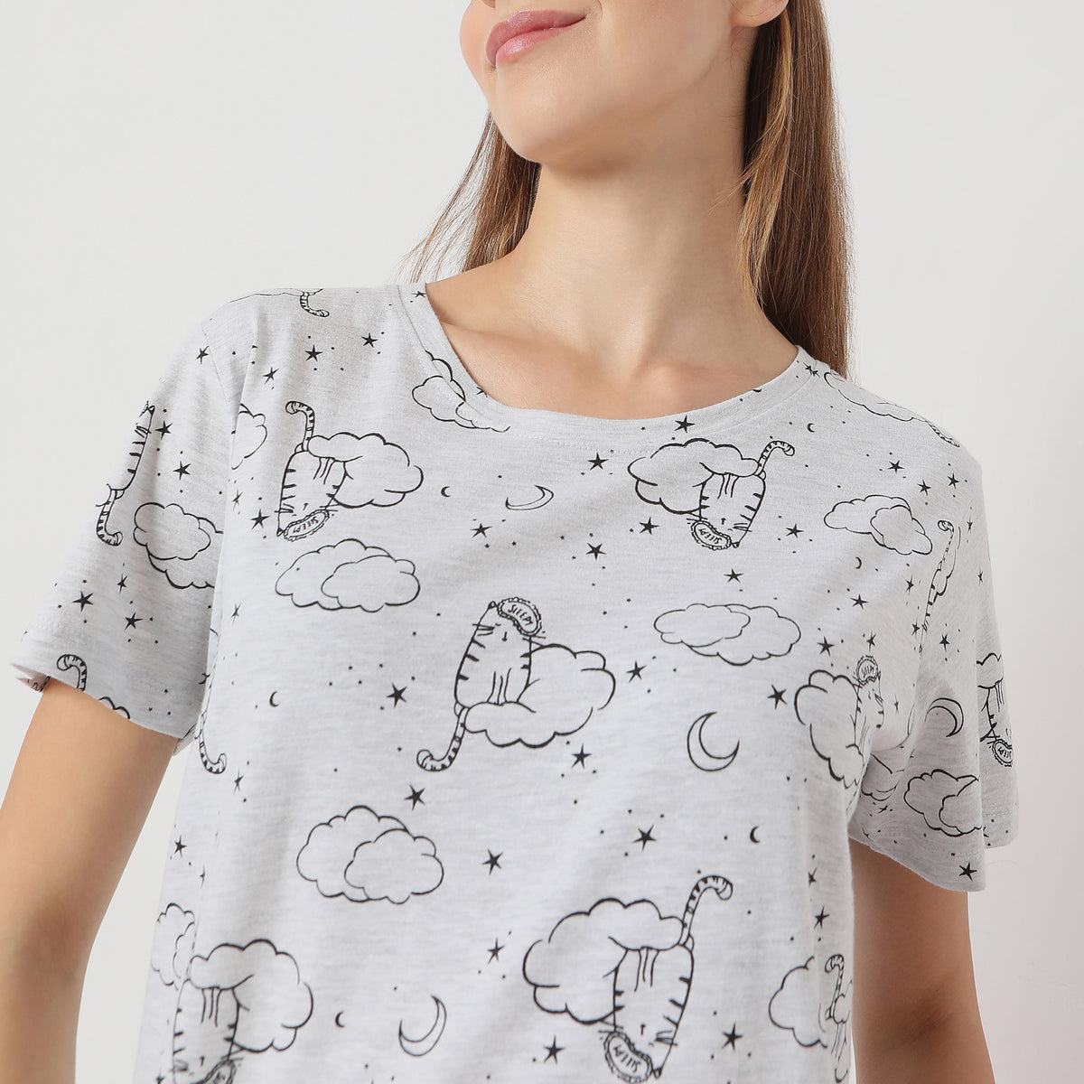 Printed Straight Stars and Moon Short Sleeve T-Shirt