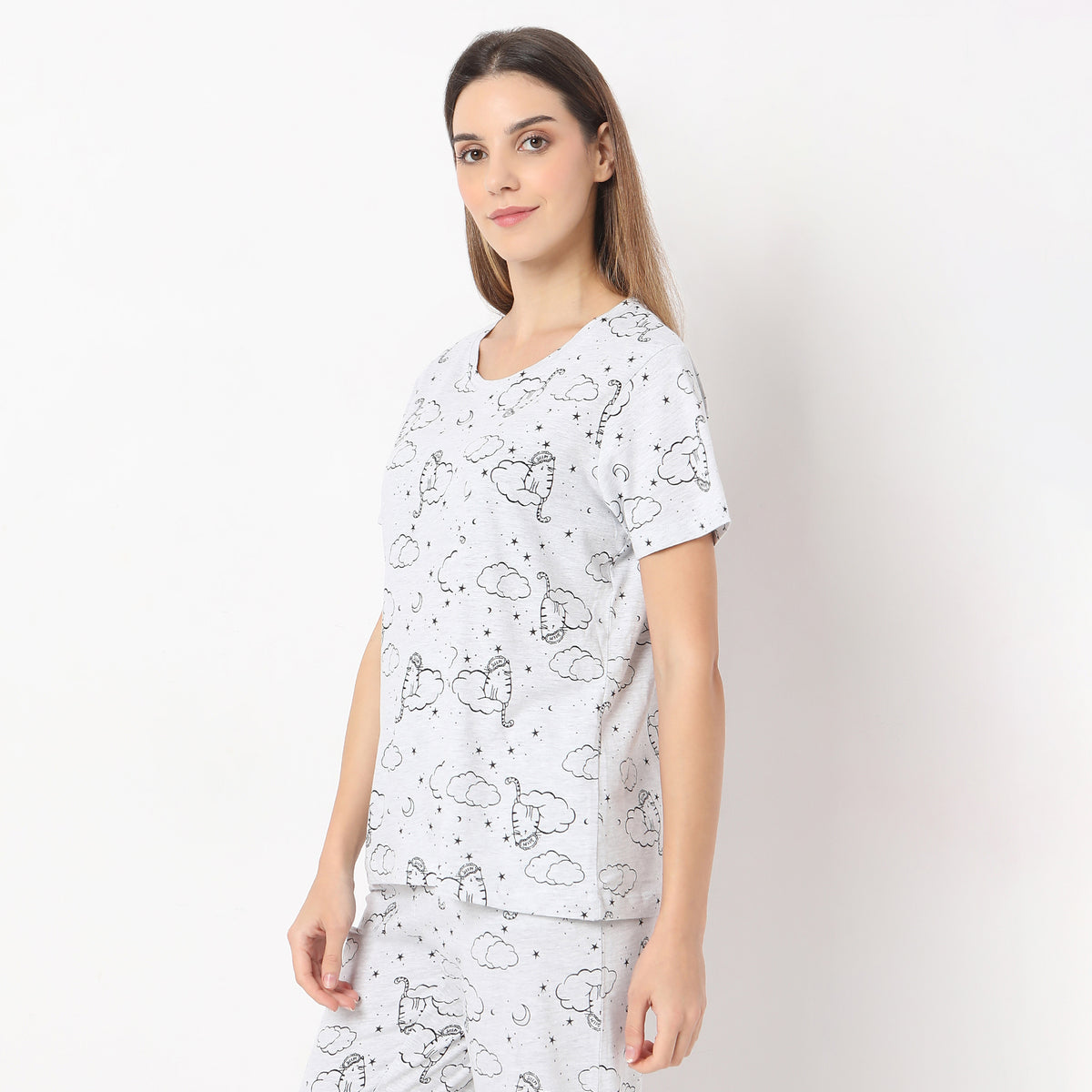 Printed Straight Stars and Moon Short Sleeve T-Shirt