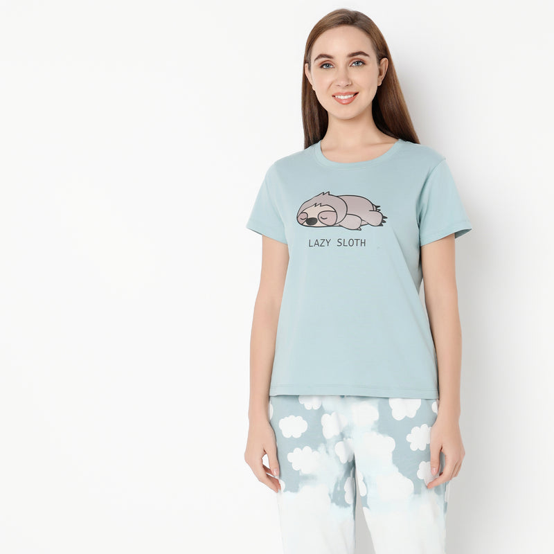 Animal Print Round Neck Loungewear T-Shirt