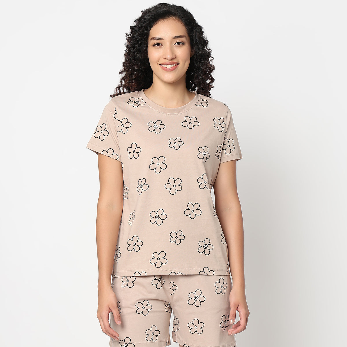 Floral Print Round Neck Loungewear T-Shirt