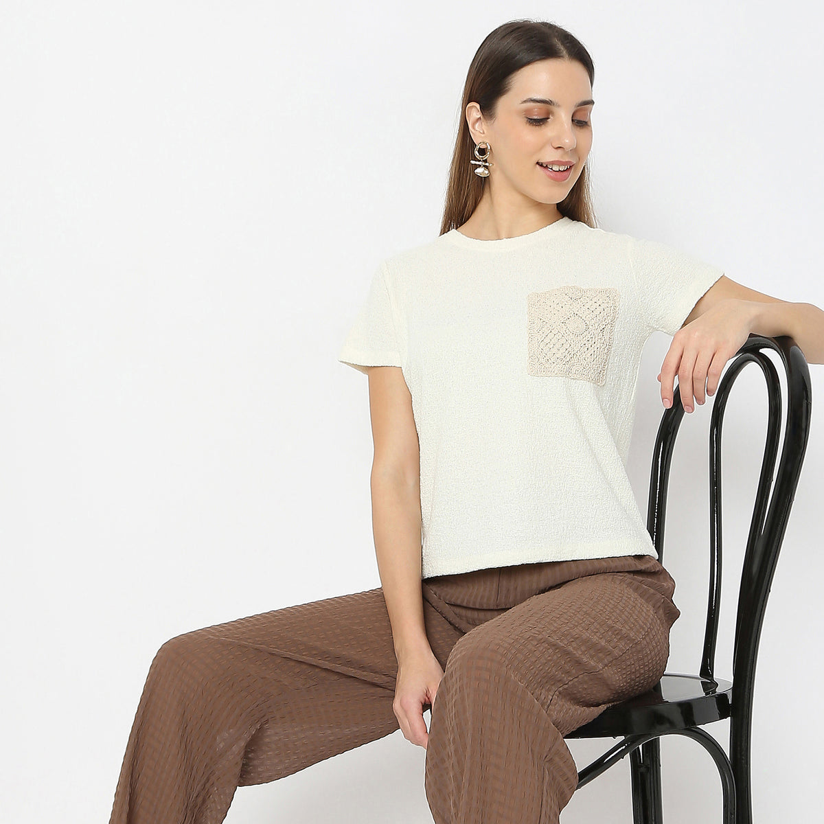 Solid Crochet Pocket Casual Top