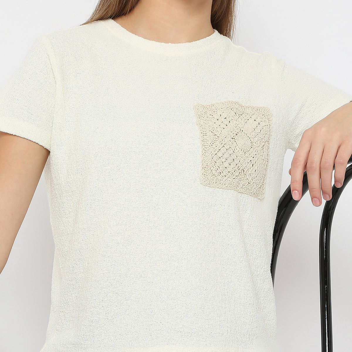Solid Crochet Pocket Casual Top