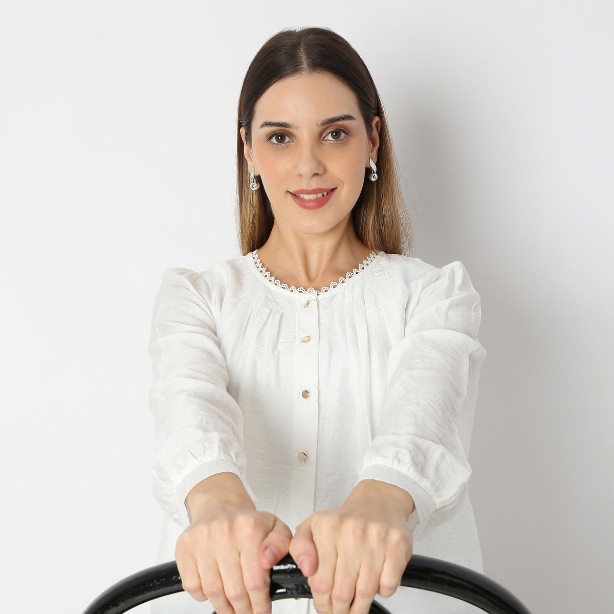 Solid U-Neck Full Sleeve Woven Top