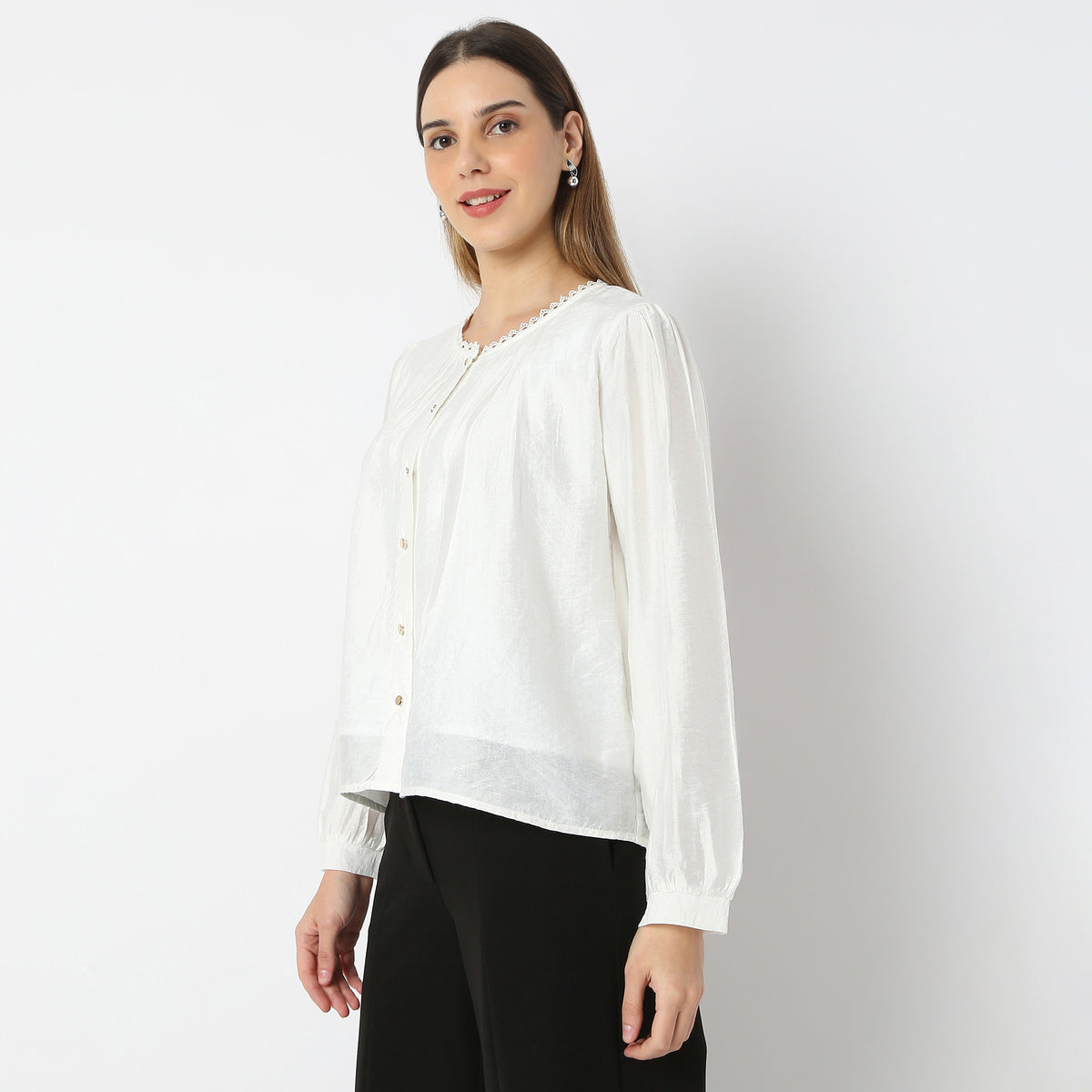 Solid U-Neck Full Sleeve Woven Top