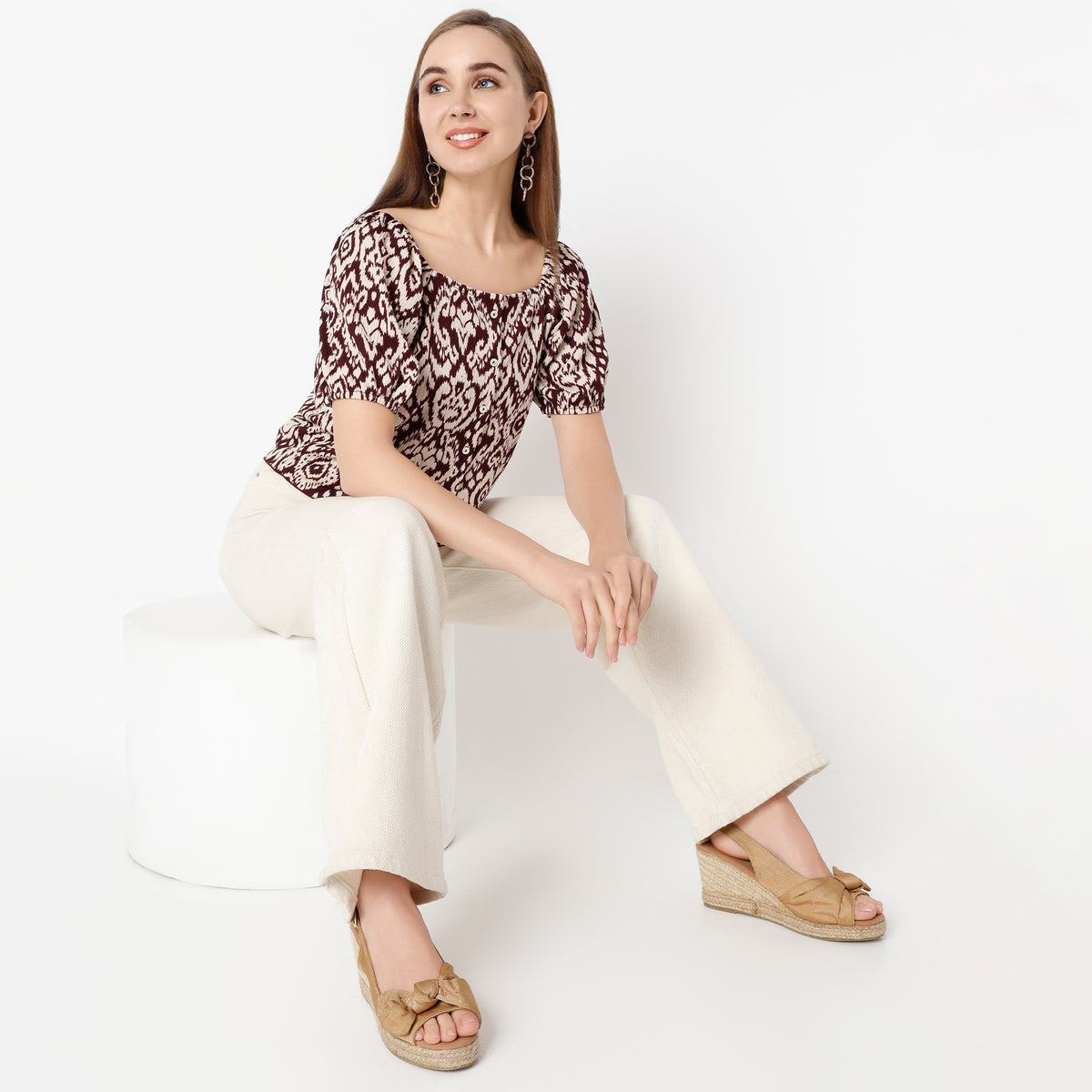 Regular Fit Printed Square Neck Top