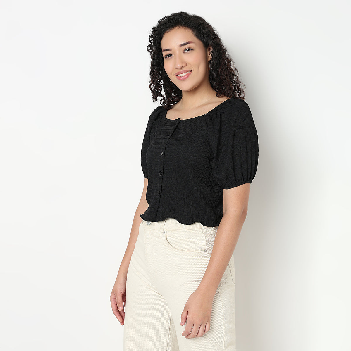 Buy Women Slim Fit Structured Puff Sleeve Top  - Style Union