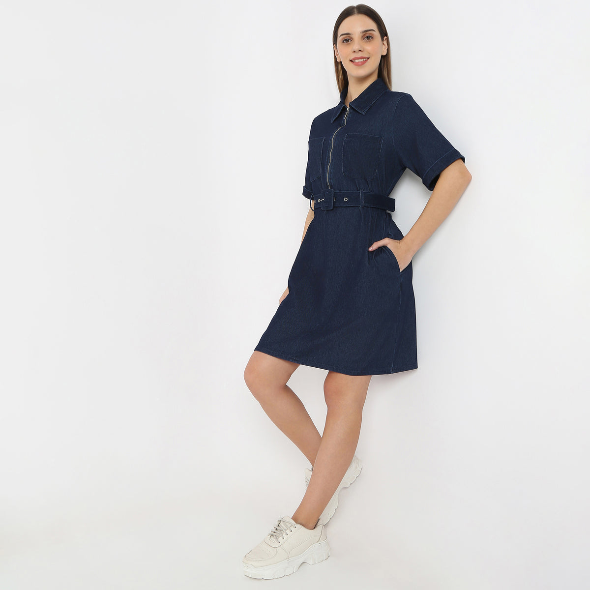 Solid Knee Length Knitted Indigo Pull On Zipper Dress With Belt Look