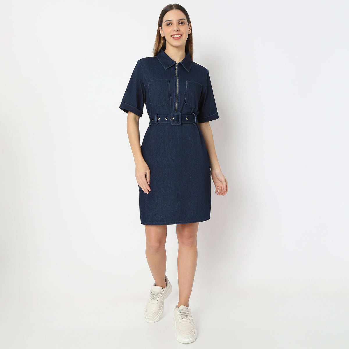 Solid Knee Length Knitted Indigo Pull On Zipper Dress With Belt Look