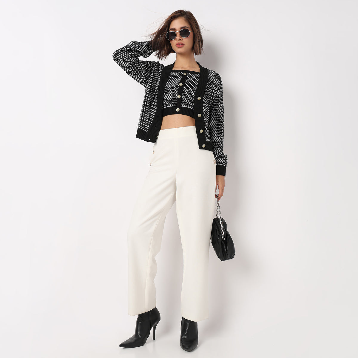 Jacquard V-Neck Top With Jacket