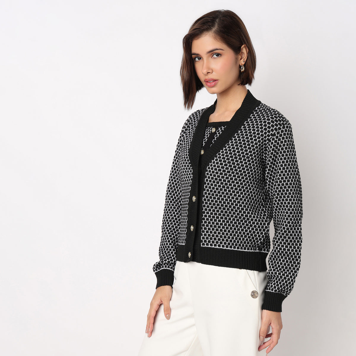 Jacquard V-Neck Top With Jacket