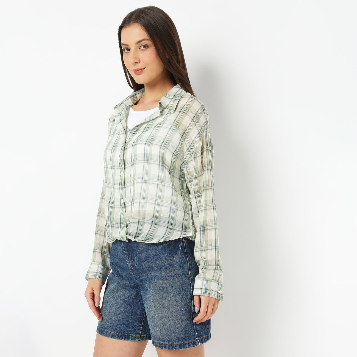 Women Collar Full Sleeve Checkered Young Shirt