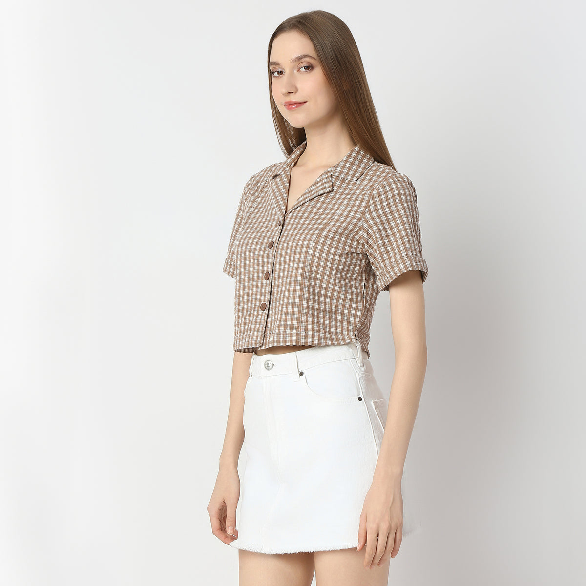 Regular Fit Checkered Cropped Shirt