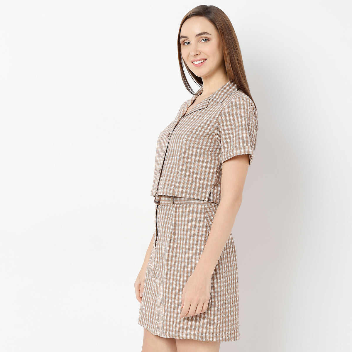 Regular Fit Checkered Cropped Shirt