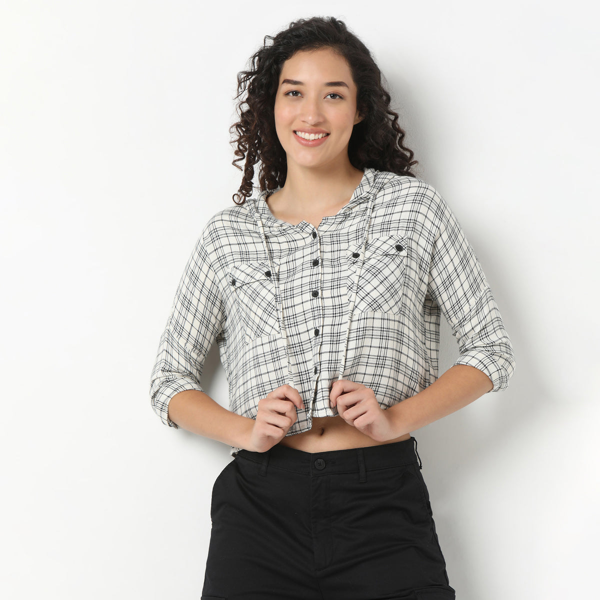 Betty Checkered Hoodie Style Cropped Shirt