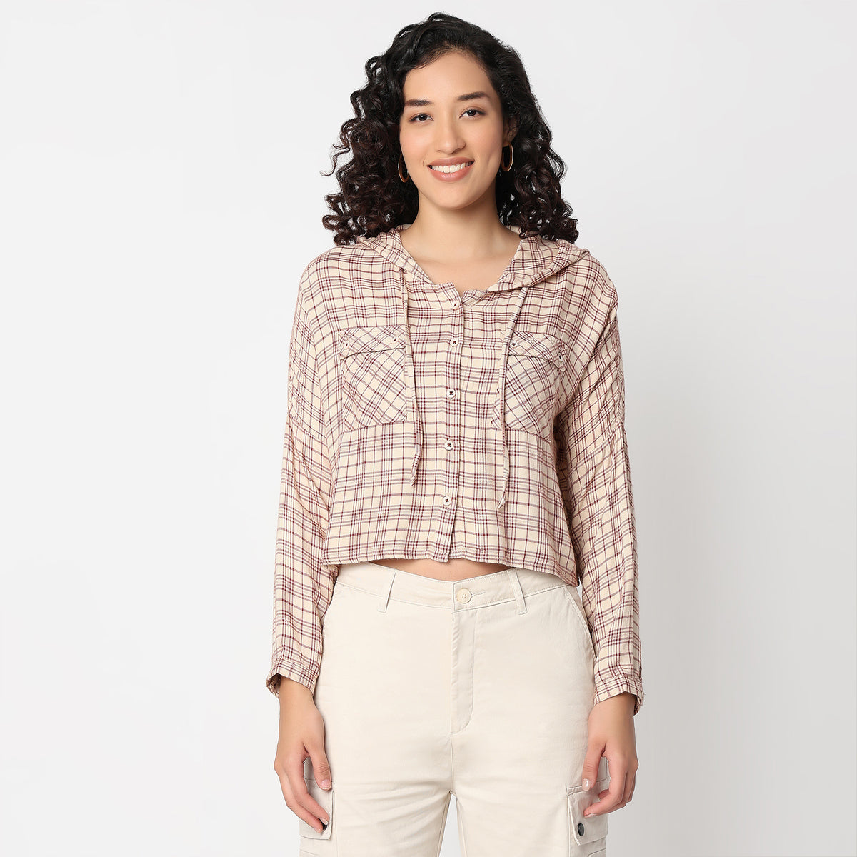 Betty Checkered Hoodie Style Cropped Shirt