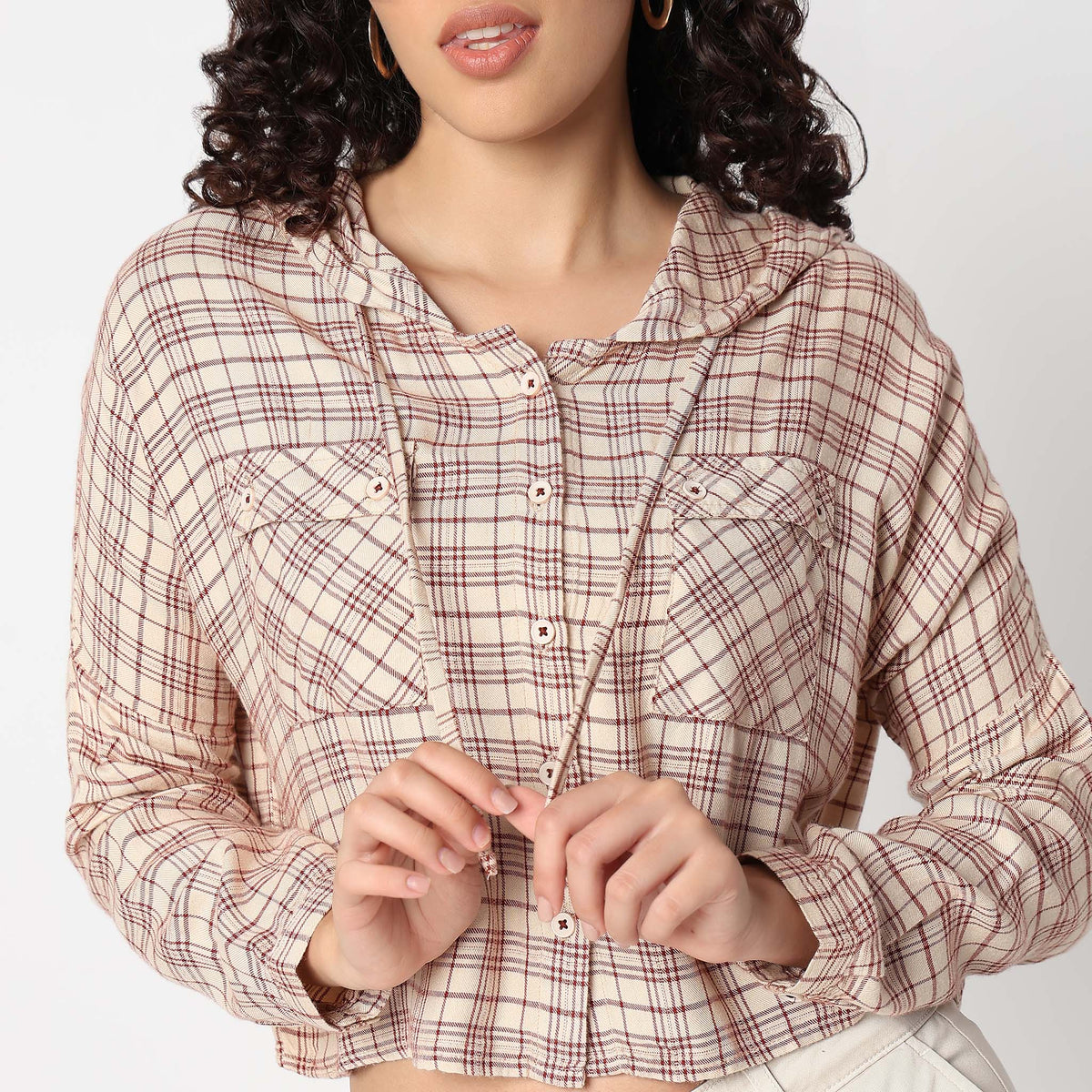 Betty Checkered Hoodie Style Cropped Shirt