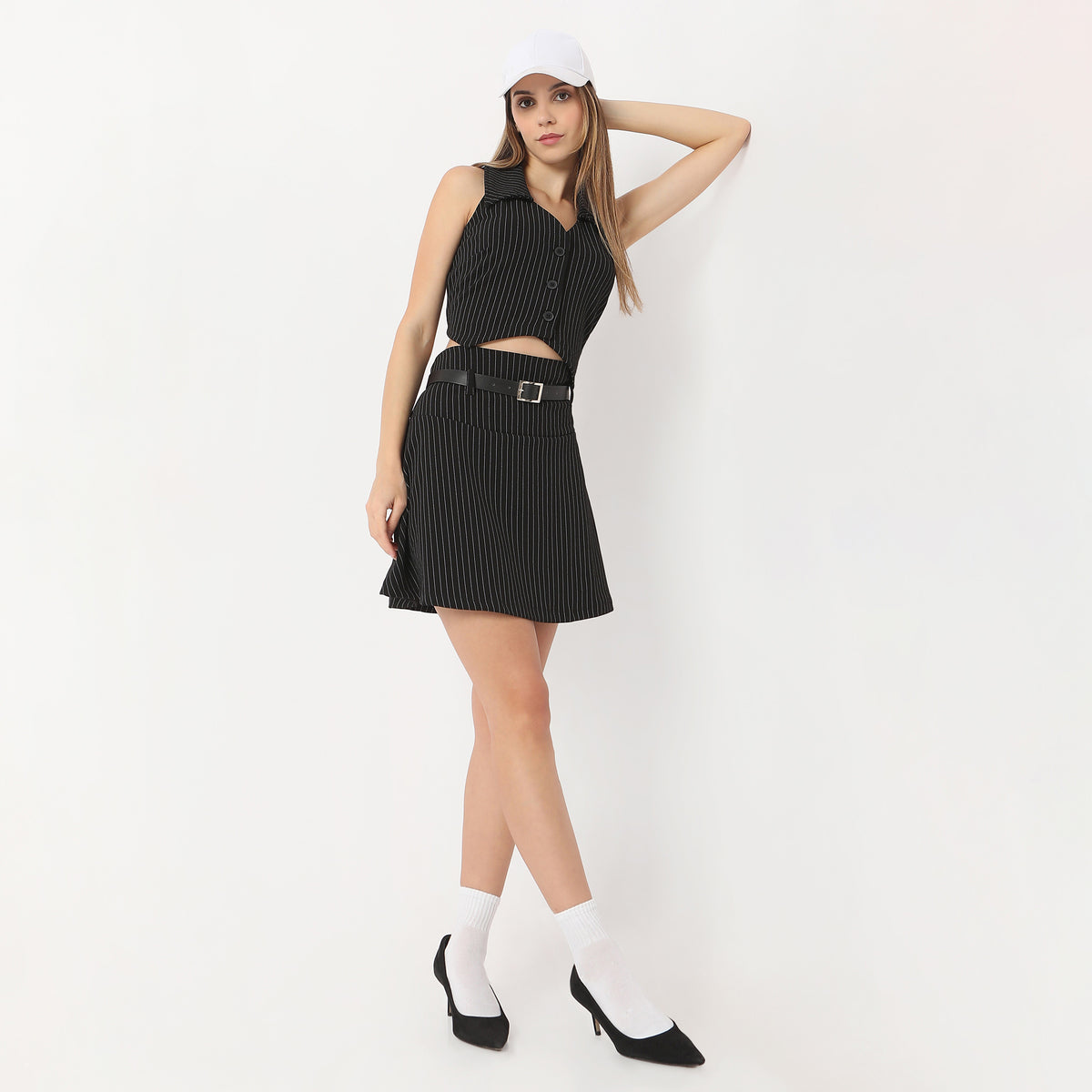 Mid Flare Striped Above Knee Length Betty High Rise Pleated Skirt