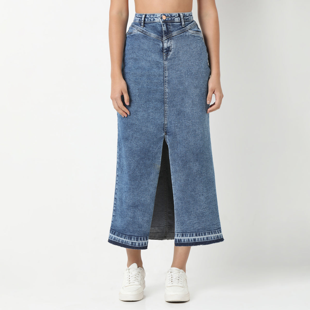 Denim Blue Skirt Streetwear Front Slit High Waist Long Skirts with Open Hem