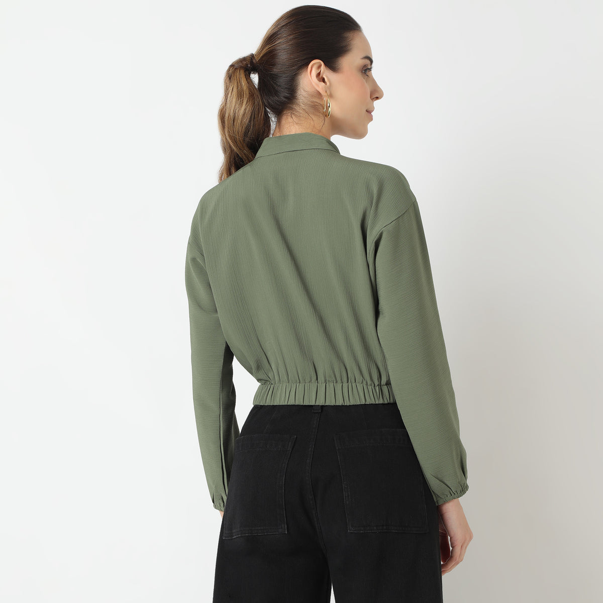 Regular Fit Solid Band Collar Top