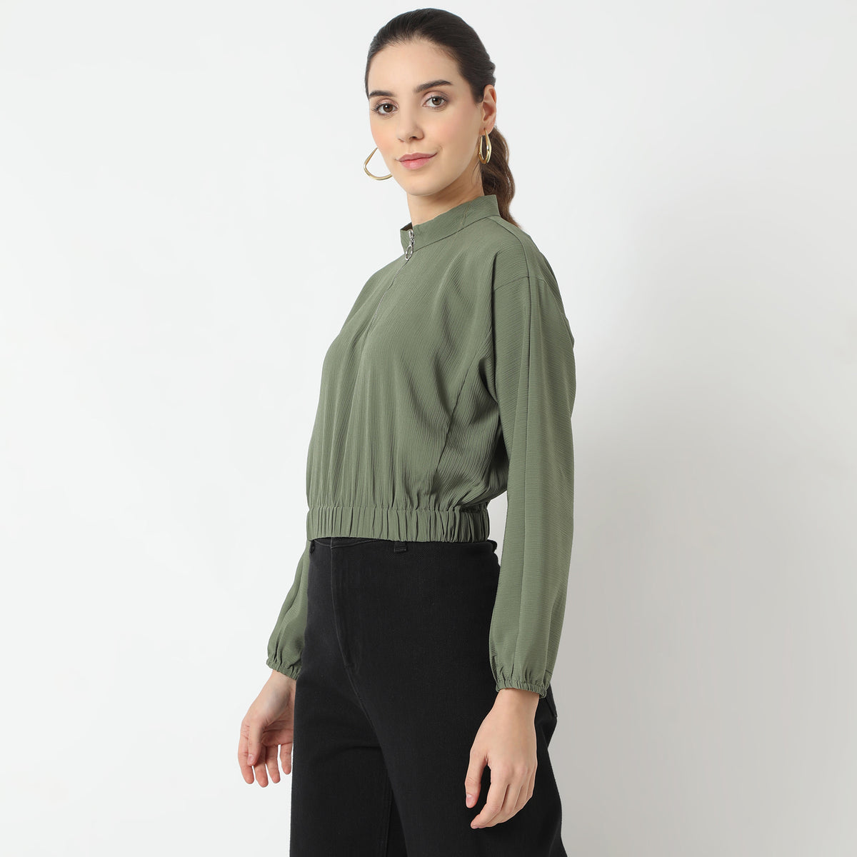 Regular Fit Solid Band Collar Top