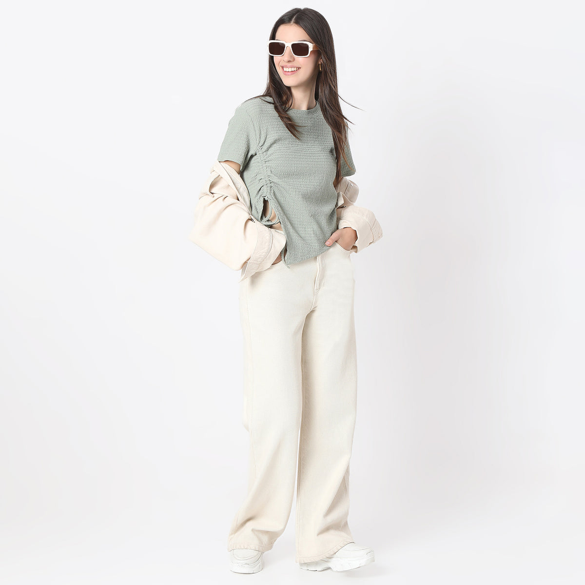 Regular Fit Solid Cropped Betty Short Sleeve Top with Ruching