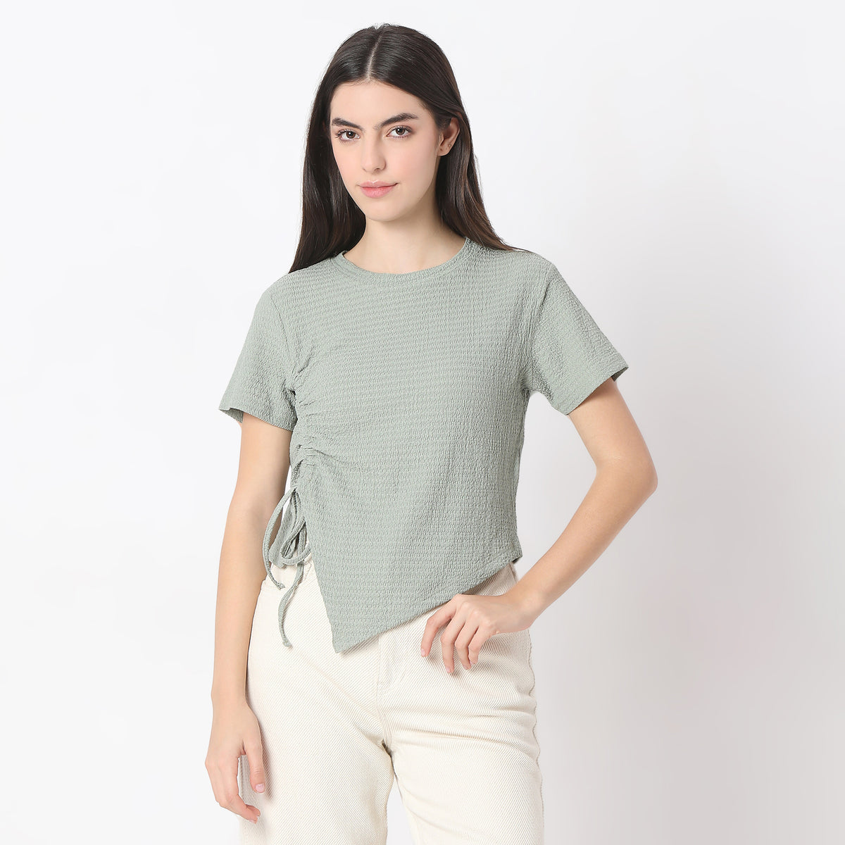 Regular Fit Solid Cropped Betty Short Sleeve Top with Ruching