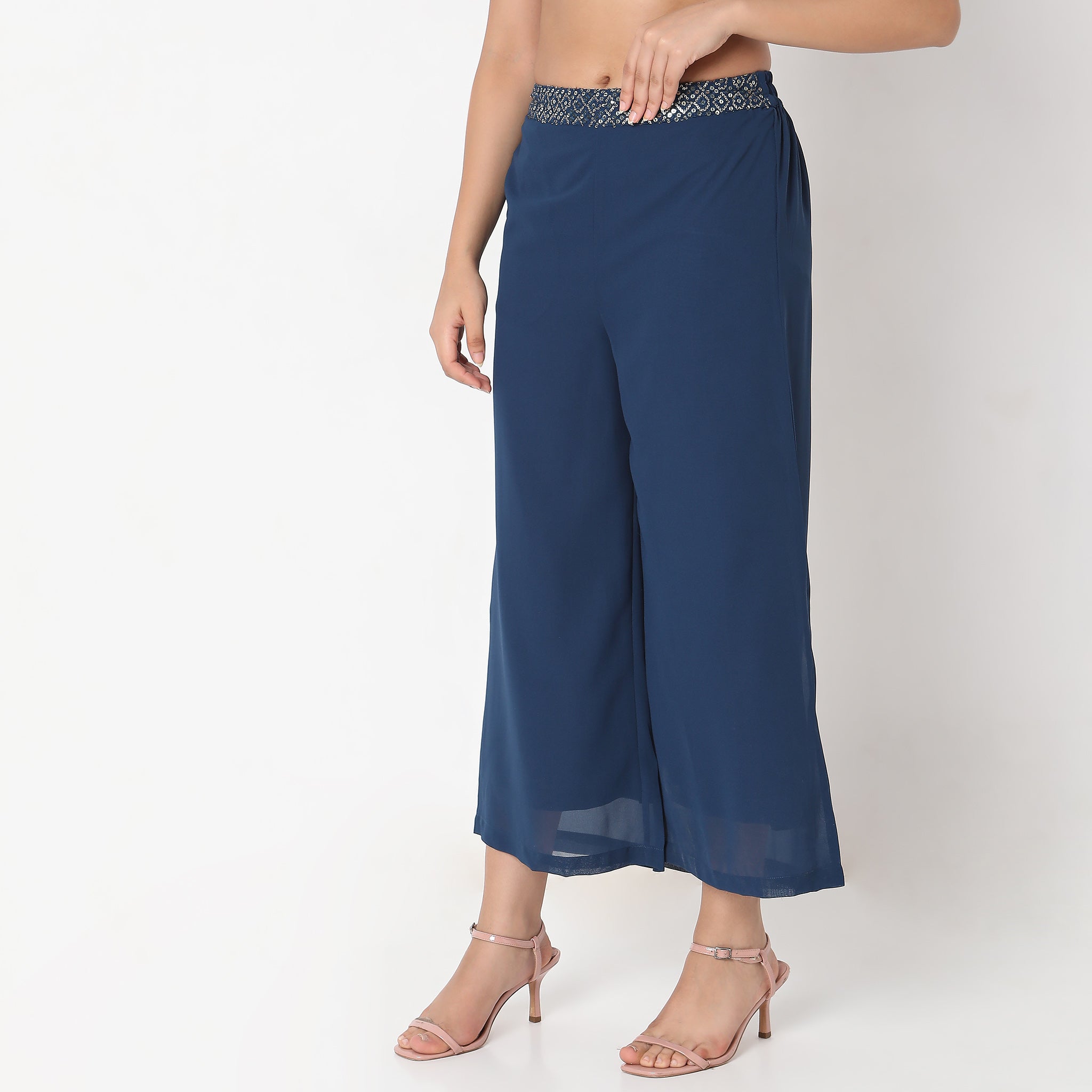 Flare Fit Embellished High Rise Palazzos