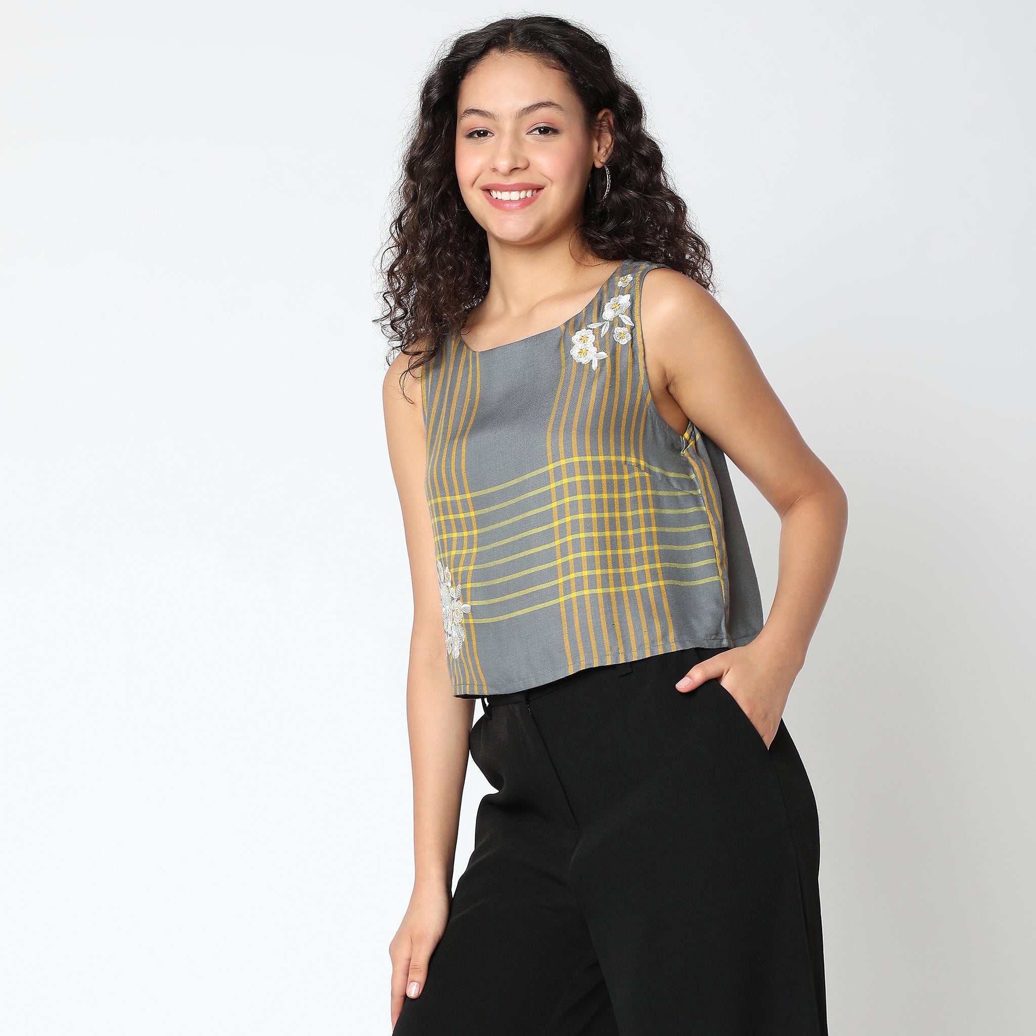 Women Wearing Boxy Fit Checkered Top