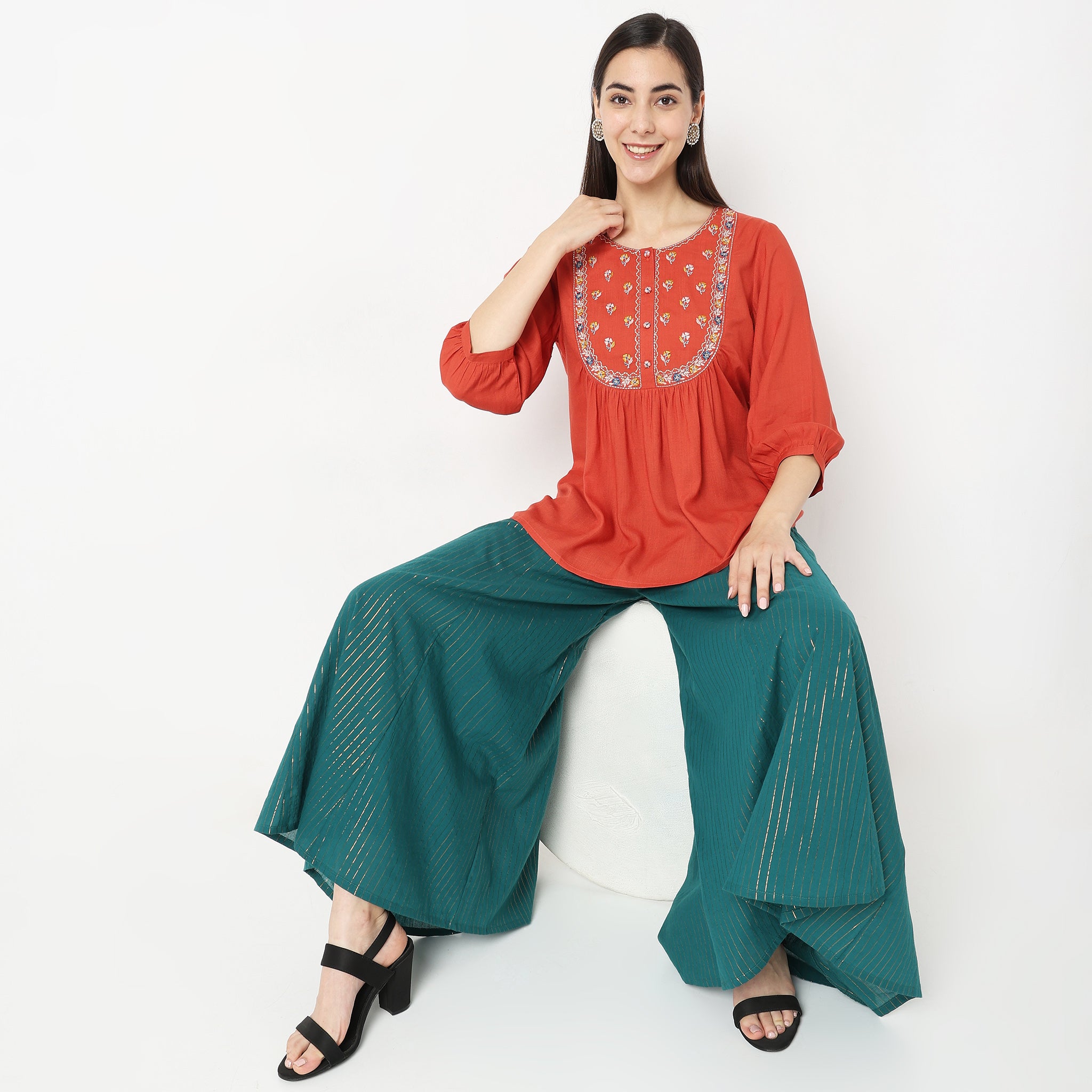Fit & Flare Olive Embroidered Rayon Top