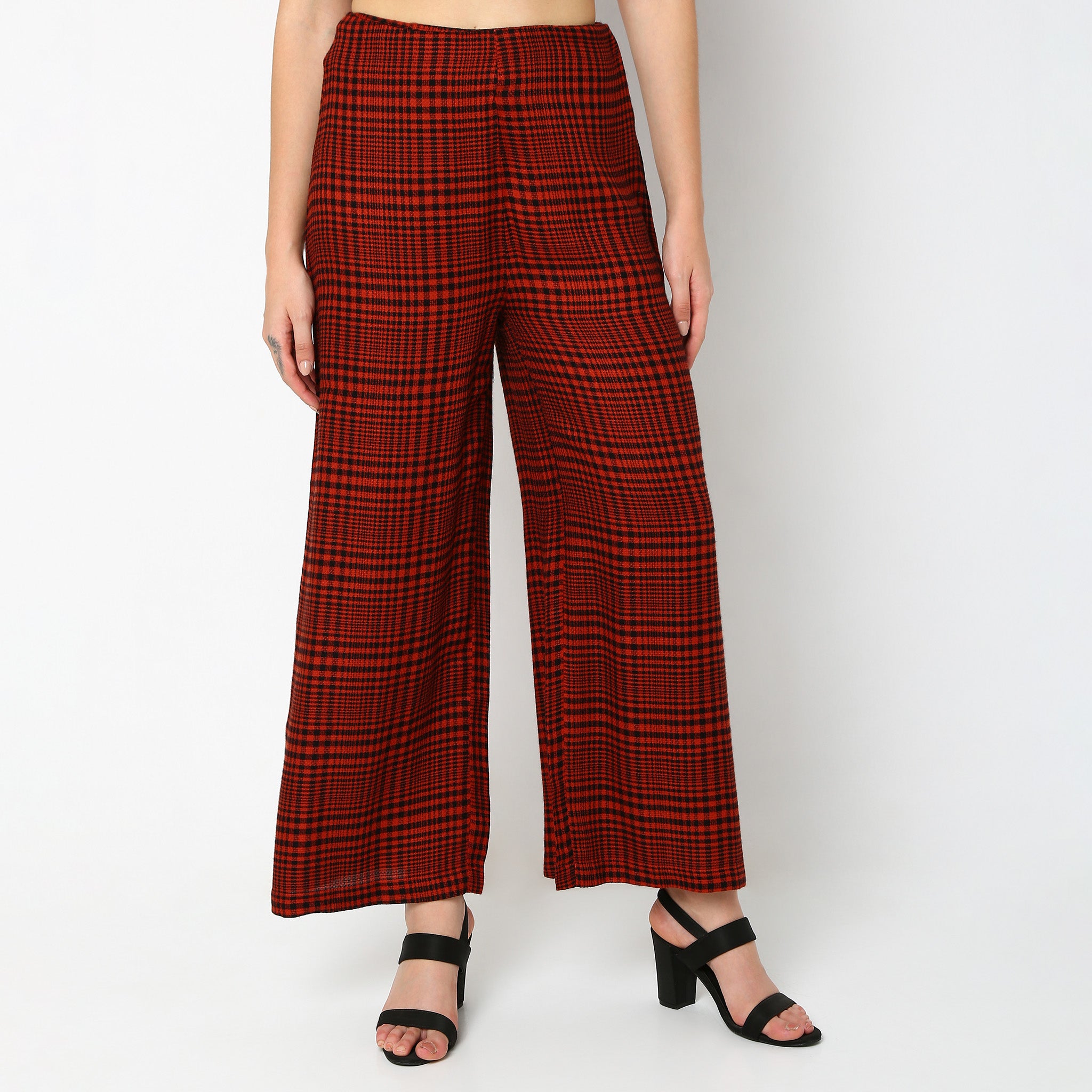 Flare Fit Checkered Mid Rise Palazzos