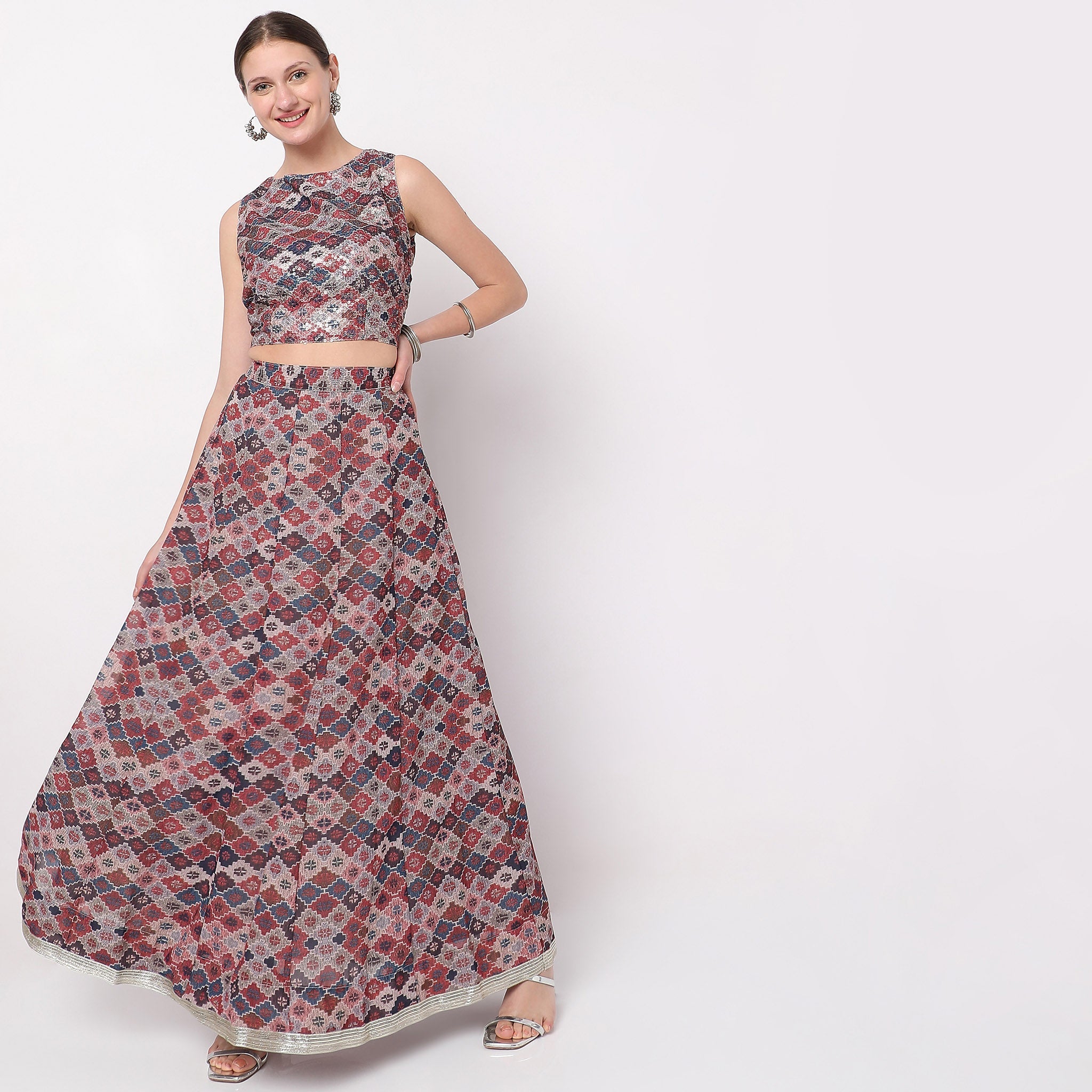 Straight Fit Embroidered Ethnic Crop Top Skirt Set