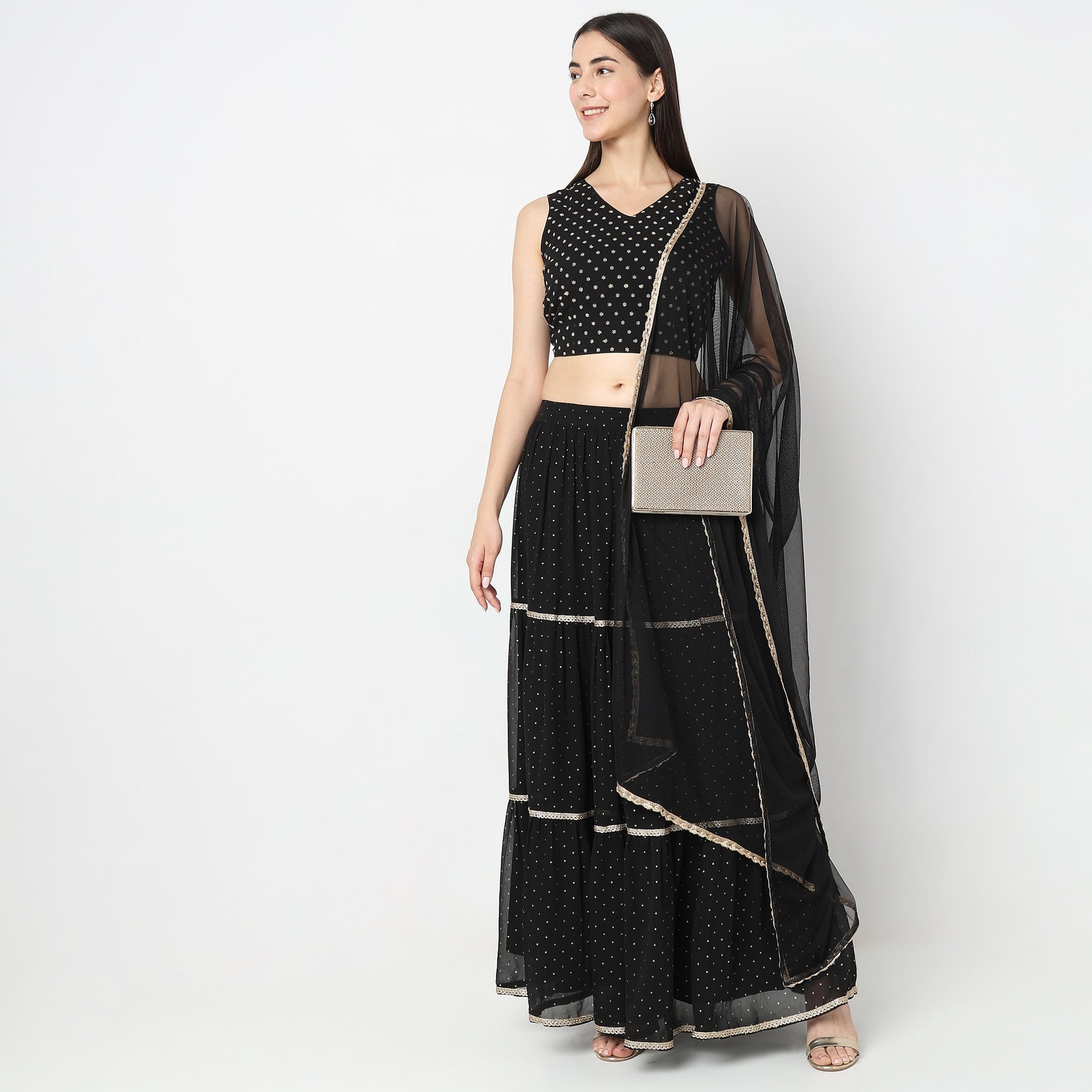Flare Fit Embellished Ethnic Crop Top Skirt Set with Dupatta