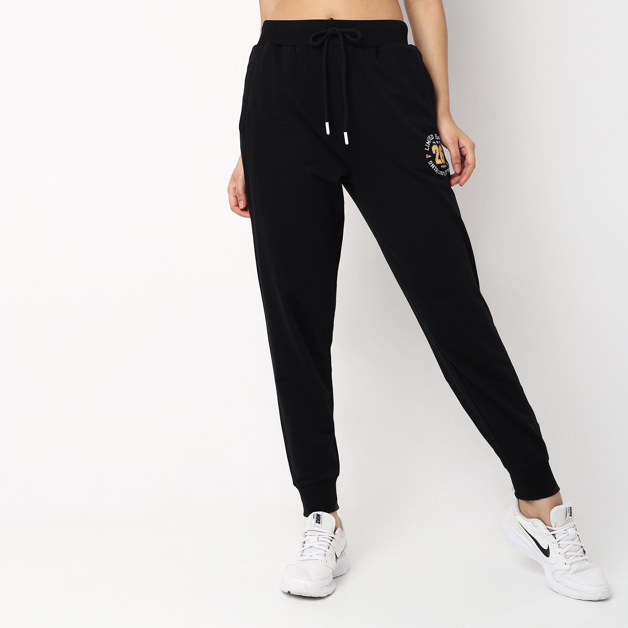 Women Wearing Regular Fit Graphic High Rise Joggers