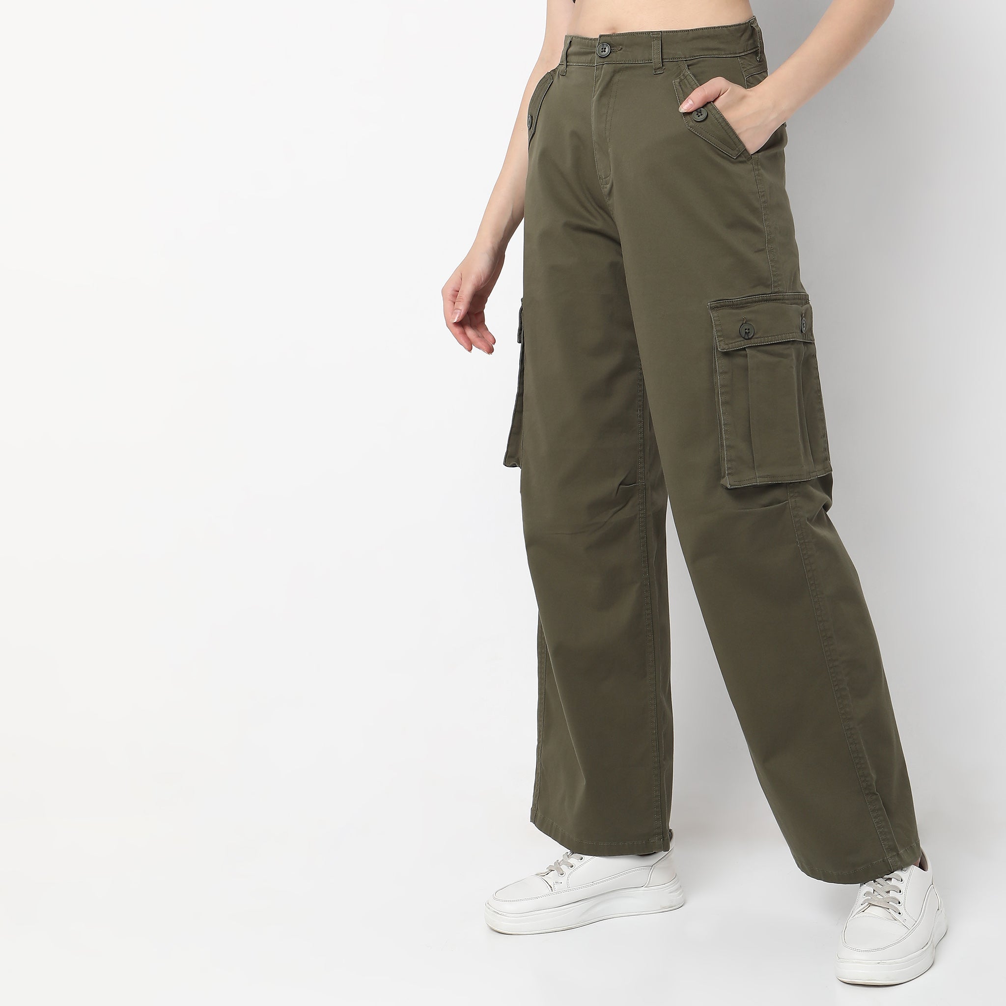 Regular Fit Solid High Rise Trousers