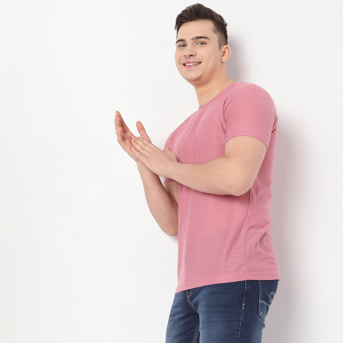Men Wearing Regular Fit Structured T-Shirt