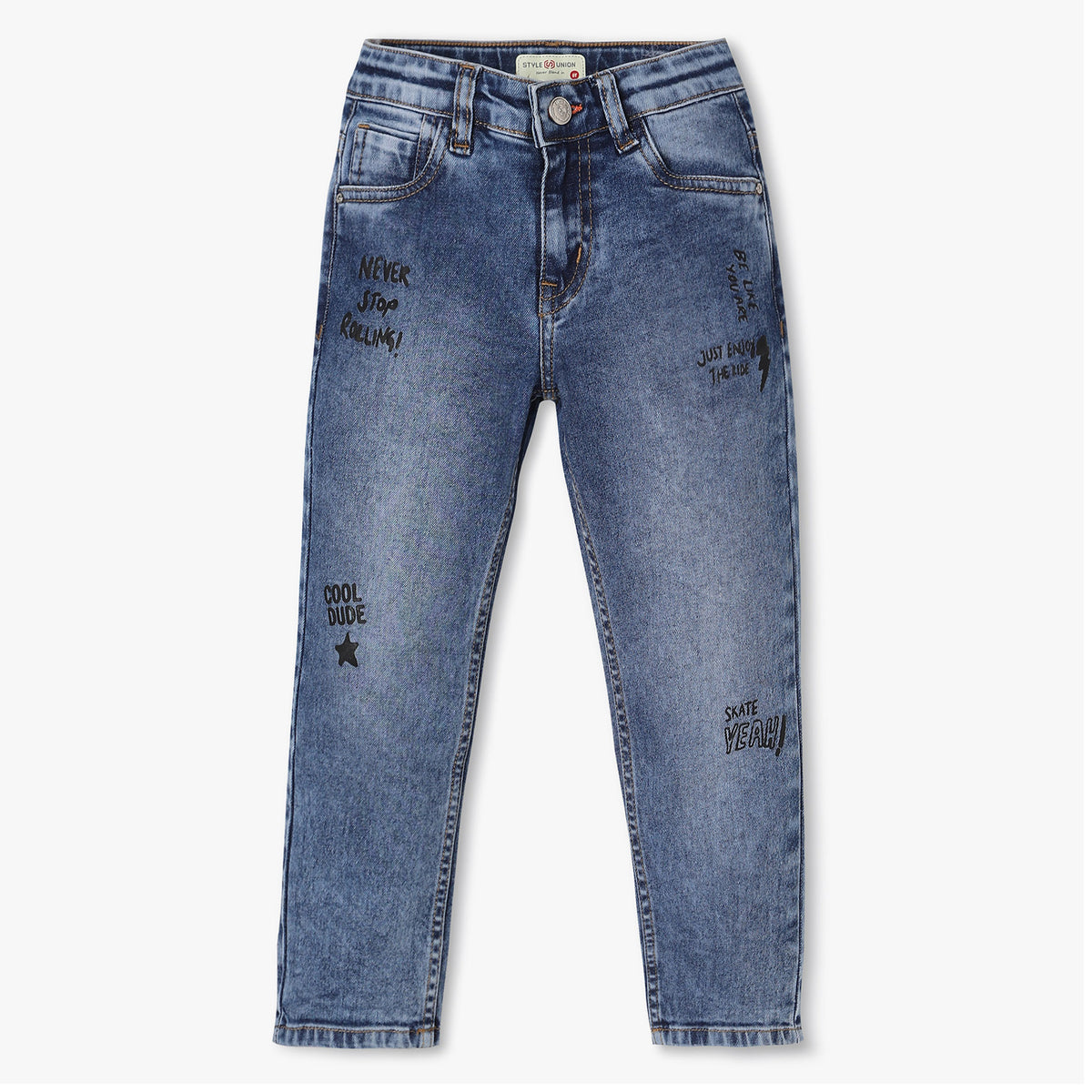 Boys Slim Fit Heavily Washed Printed Jeans