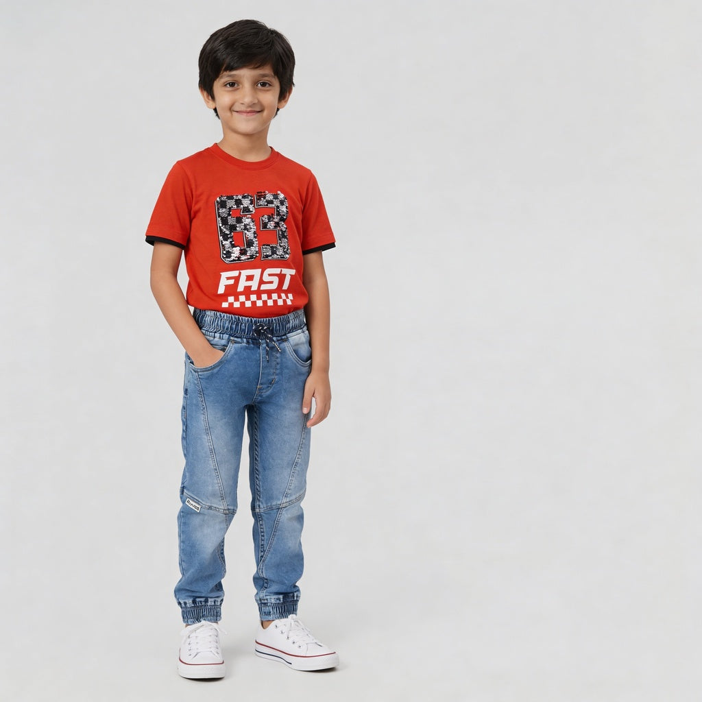 Boys Havily Washed Denim Jogger With Cut and Sew Details