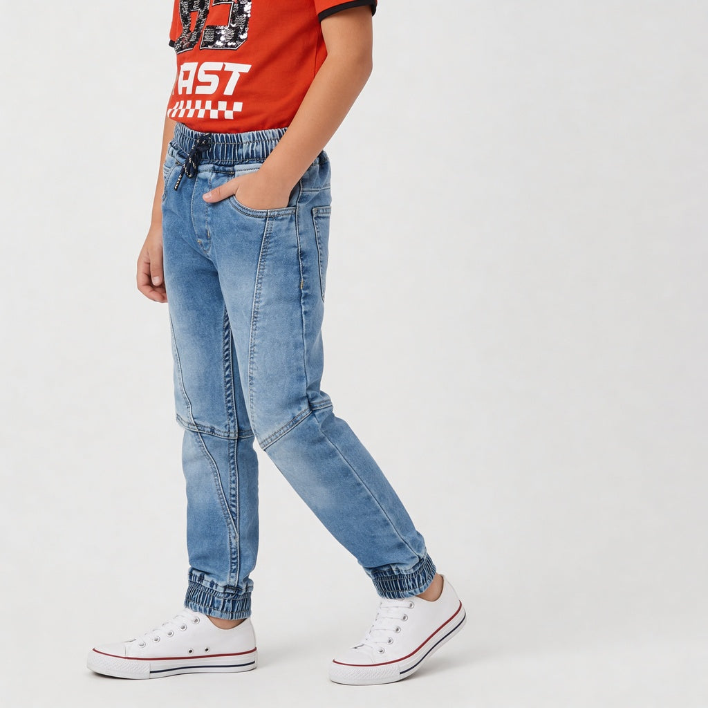 Boys Havily Washed Denim Jogger With Cut and Sew Details