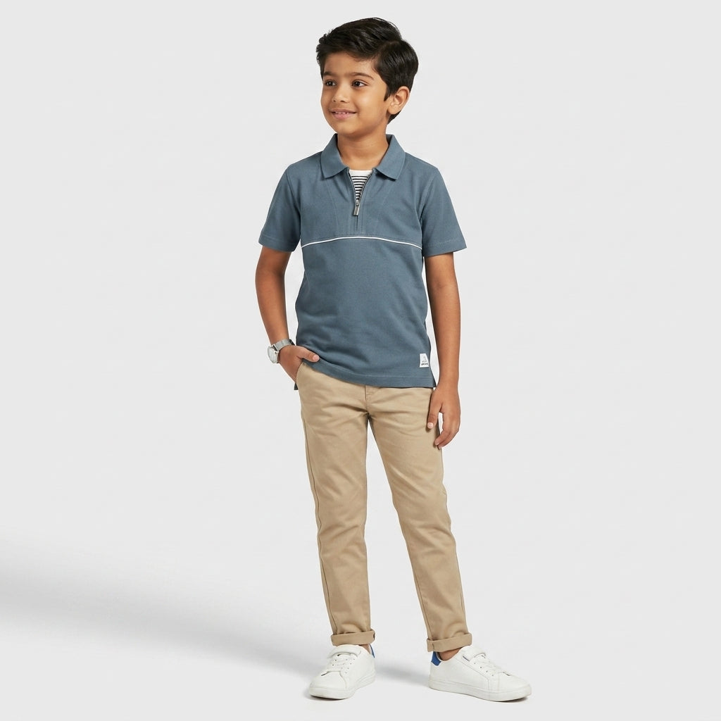 Boys Cut and Sew Zipper Polo T-Shirt