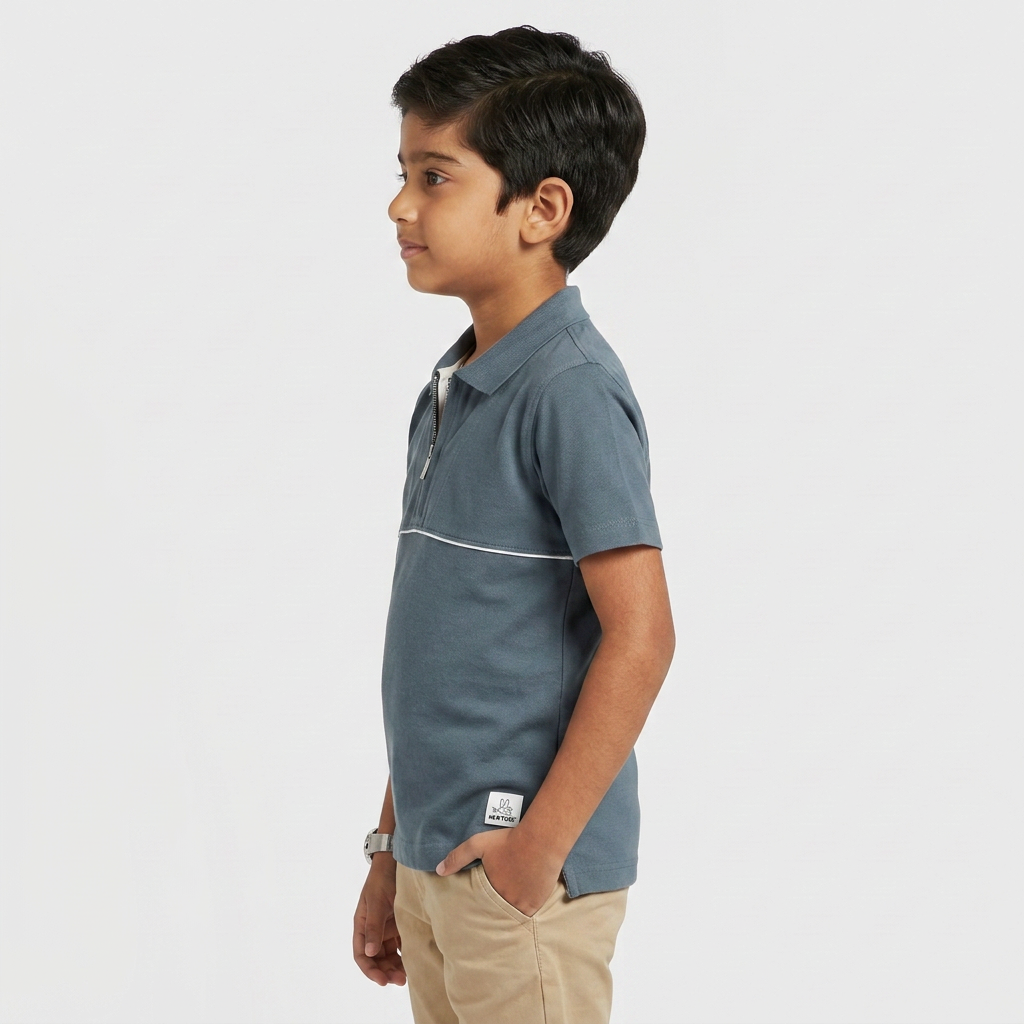 Boys Cut and Sew Zipper Polo T-Shirt