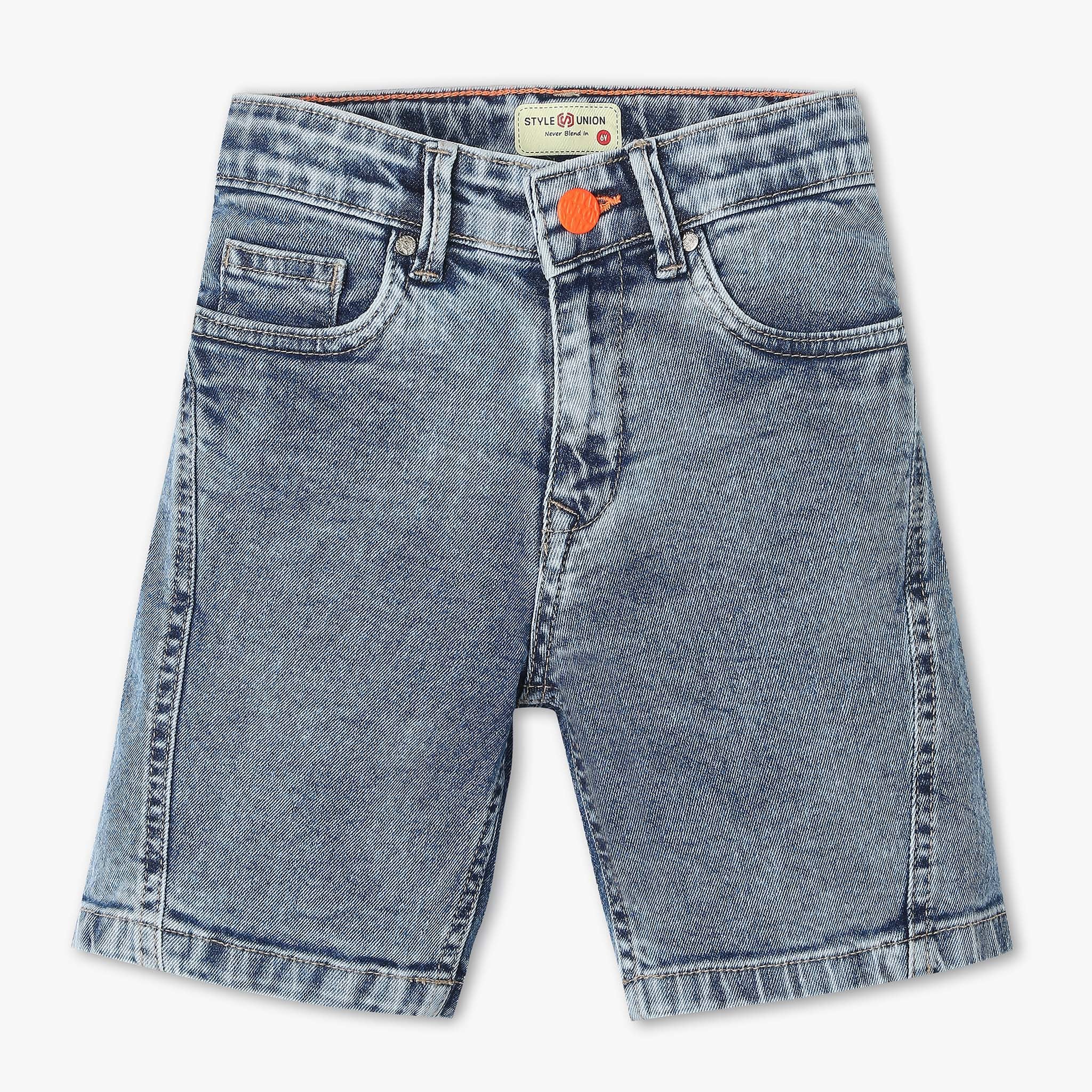 Below Knee Length Stretchable Denim Shorts with Front Cut and Sew
