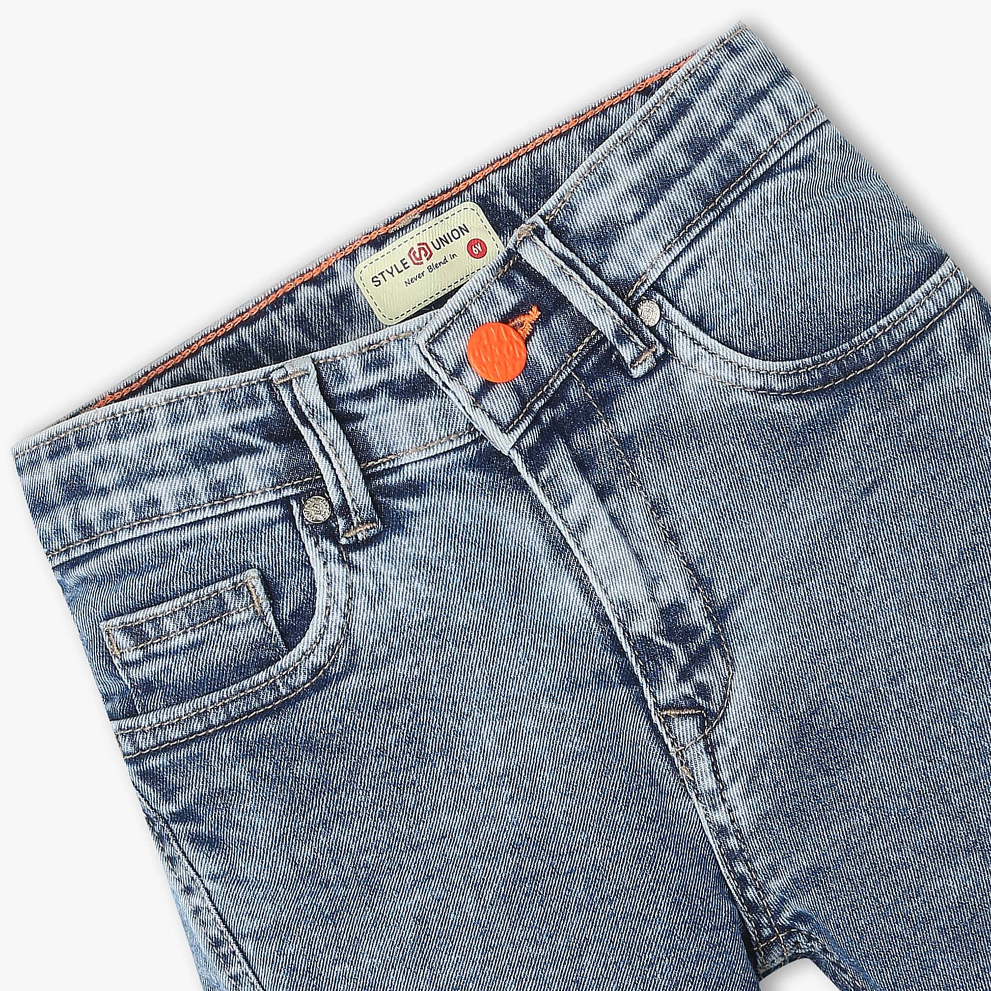 Below Knee Length Stretchable Denim Shorts with Front Cut and Sew