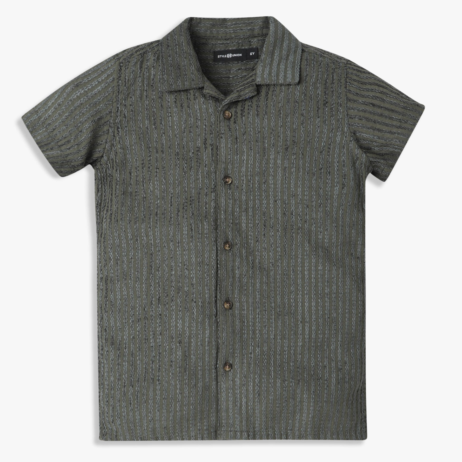 Boys Regular Fit Striped Camp Collar Shirt