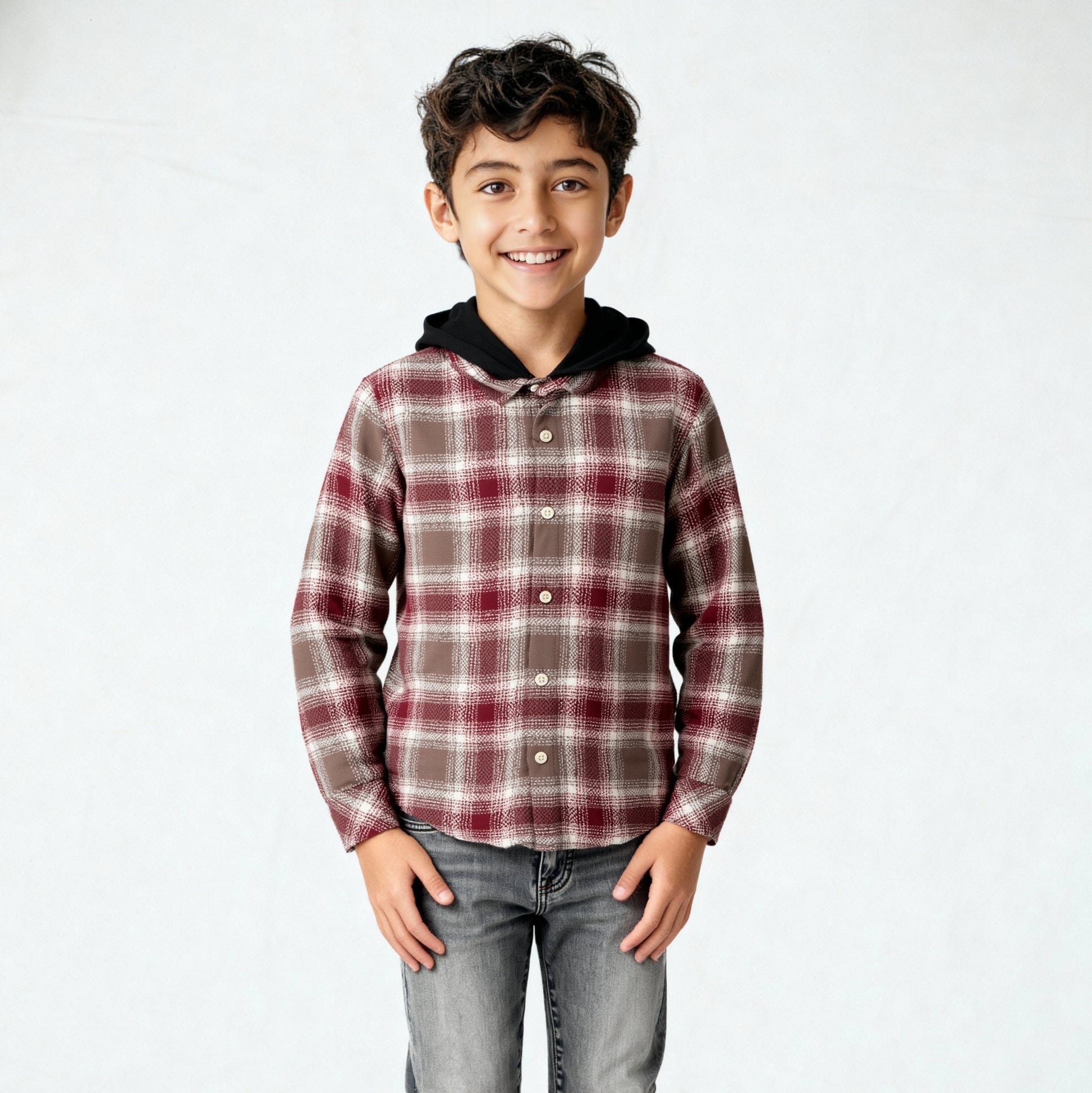 Boys Cotton Checkered Hoodie Shirt
