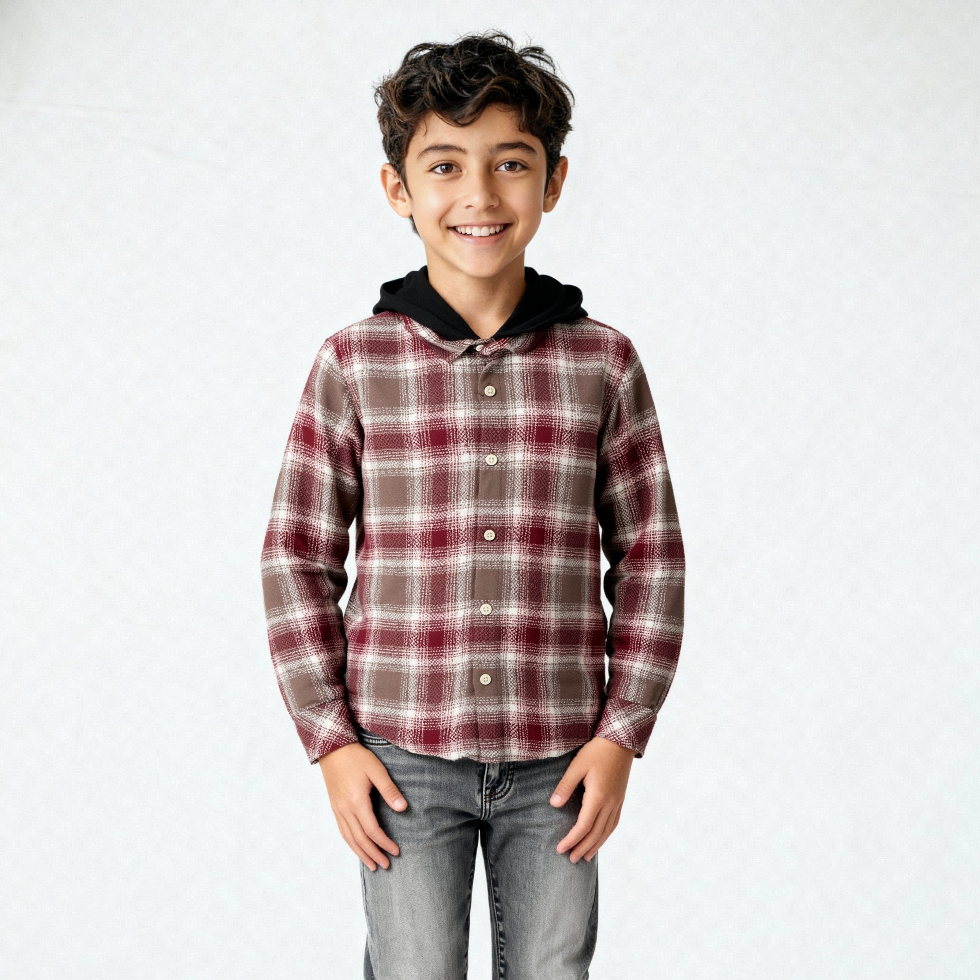 Boys Cotton Checkered Hoodie Shirt