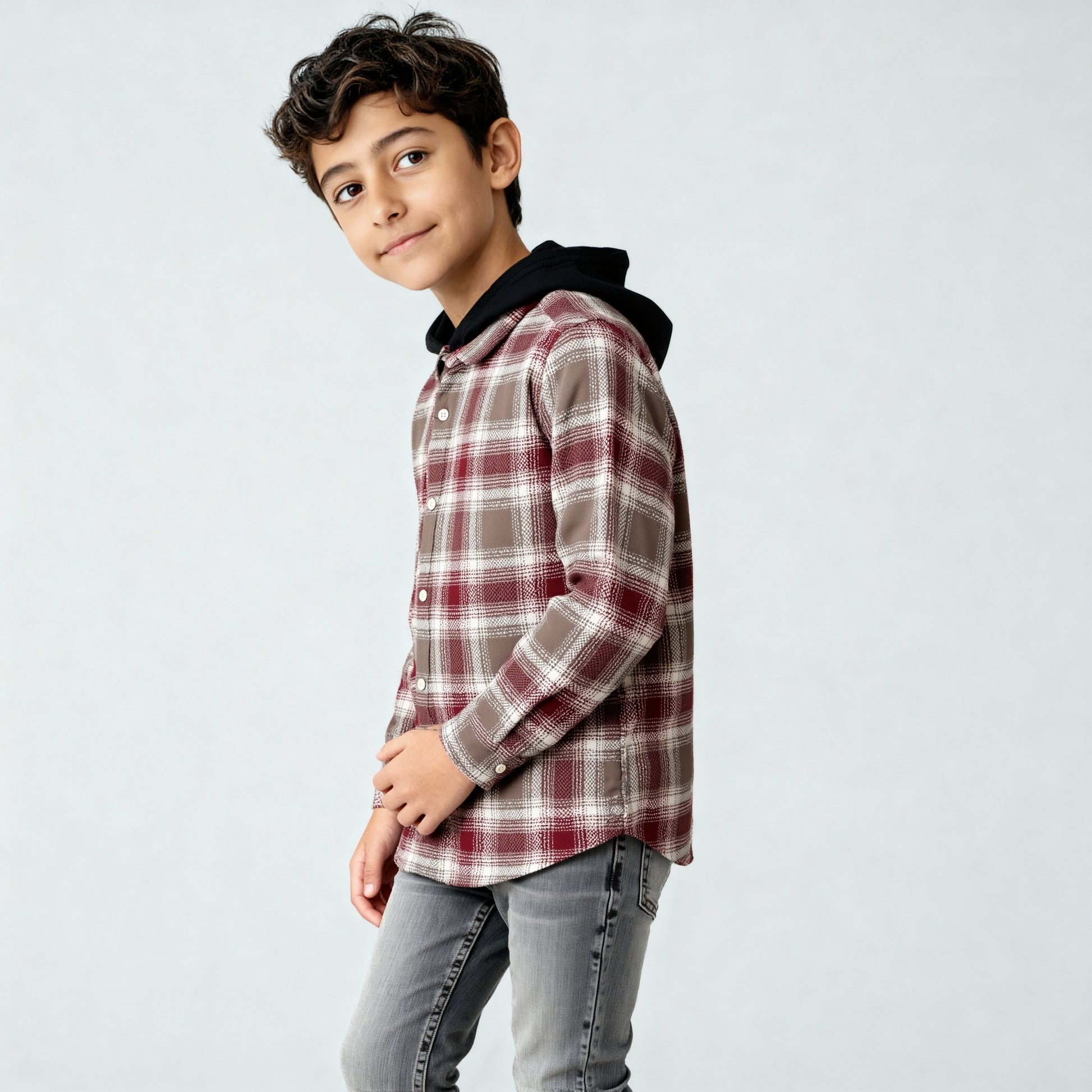 Boys Cotton Checkered Hoodie Shirt
