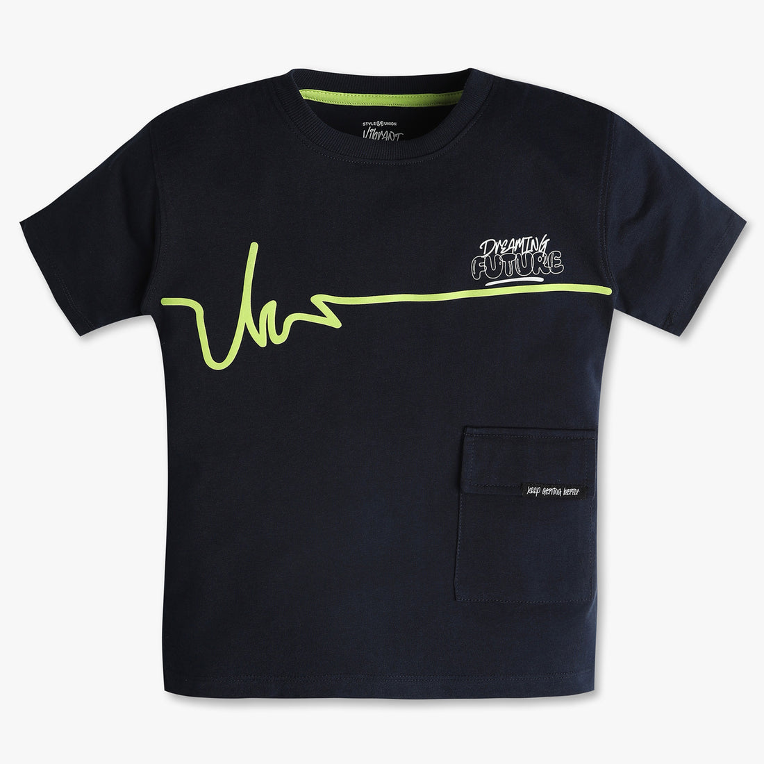 Boys Oversize Crew Neck Minimal Neon Green Line Art Across the Chest T-Shirt