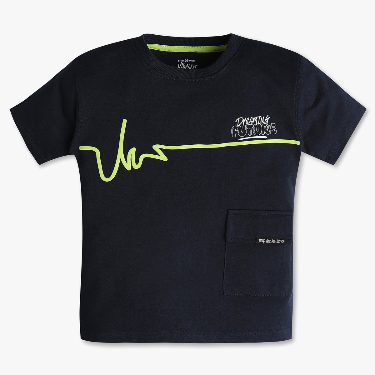 Boys Oversize Crew Neck Minimal Neon Green Line Art Across the Chest T-Shirt